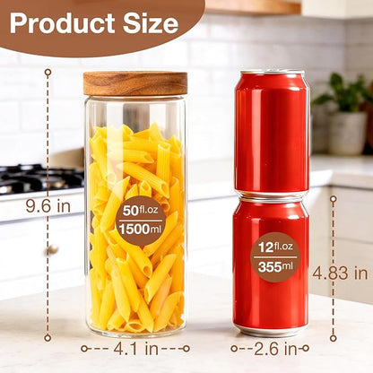 CONNOO 2-Pack 50oz Glass Storage Containers with Wood Lids – 120 Waterproof Labels Included – Tall Airtight Pantry Organizers for Short Pasta, Flour – Modern Kitchen Decor