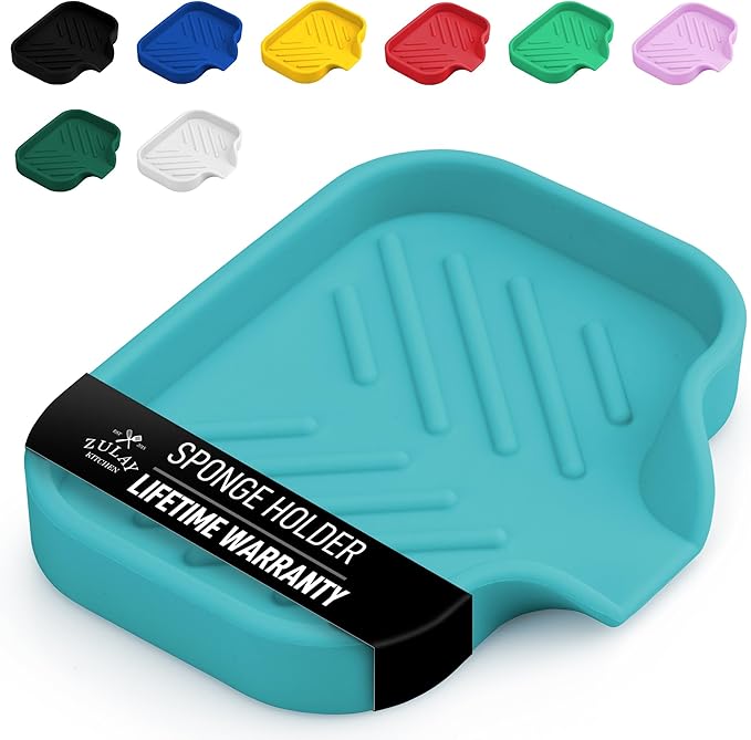 Zulay Kitchen Small Silicone Sponge Holder (4.9x3.3”) – Space-Saving Sink Organizer Tray for Sponge, Soap, Brush & More – Compact Non-Slip Dish for Kitchen & Bathroom (Aqua Sky) by ZulayKitchen