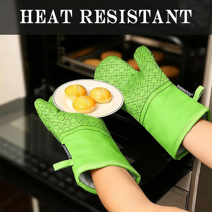 Oven Mitts and Pot Holders Sets 6pcs, Kitchen Oven Glove,High Heat Resistant 550 Degree Extra Long Oven Mitts and Potholders with Non-Slip Silicone Surface for Home Essentials (Grey) (Meadow Green) - Image 4