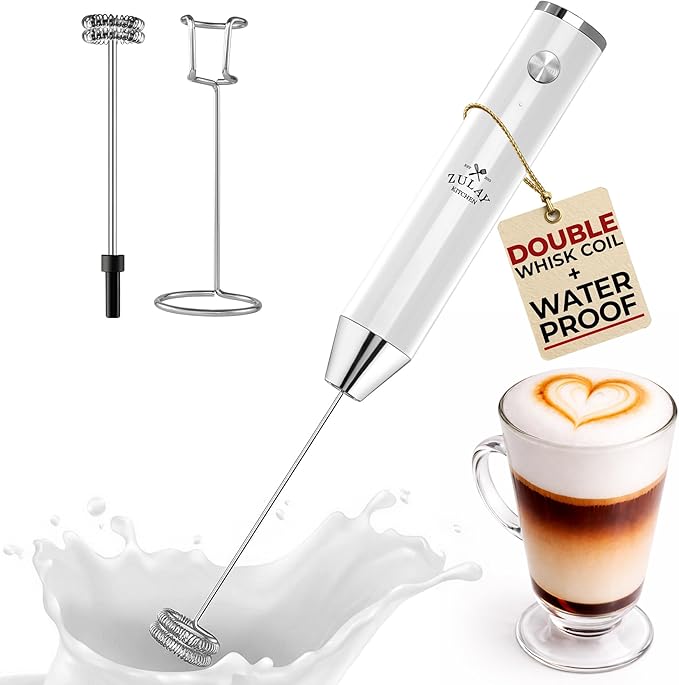 Zulay Kitchen Rechargeable Milk Frother Handheld Lux - Powerful 2-Speed Motor, Waterproof, 2000mAh Battery - Drink Mixer for Latte, Cappuccino, Matcha & Protein Powder - Snow White by ZulayKitchen