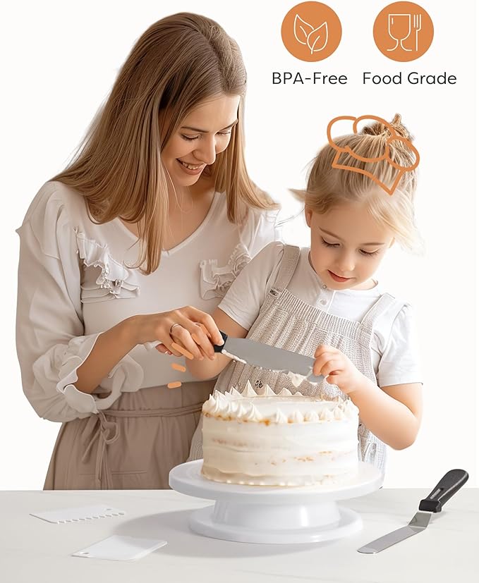 Kootek Cake Decorating Kit Baking Supplies Set Cake Turntable with 2 Frosting Straight Angled Spatula 3 Icing Smoother Scrapers Baking Accessories Tools for Beginners and Pros, Mother's Day, White - Image 6