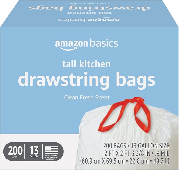 Amazon Basics Scented Trash Bags, Tall Kitchen Drawstring, Clean Fresh Scent, 13 Gallon, 200 Count, Pack of 1 by AmazonBasics
