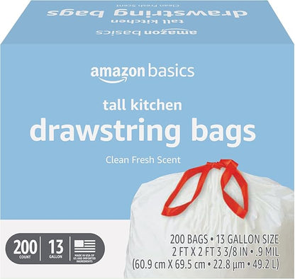 Amazon Basics Scented Trash Bags, Tall Kitchen Drawstring, Clean Fresh Scent, 13 Gallon, 200 Count, Pack of 1 by AmazonBasics