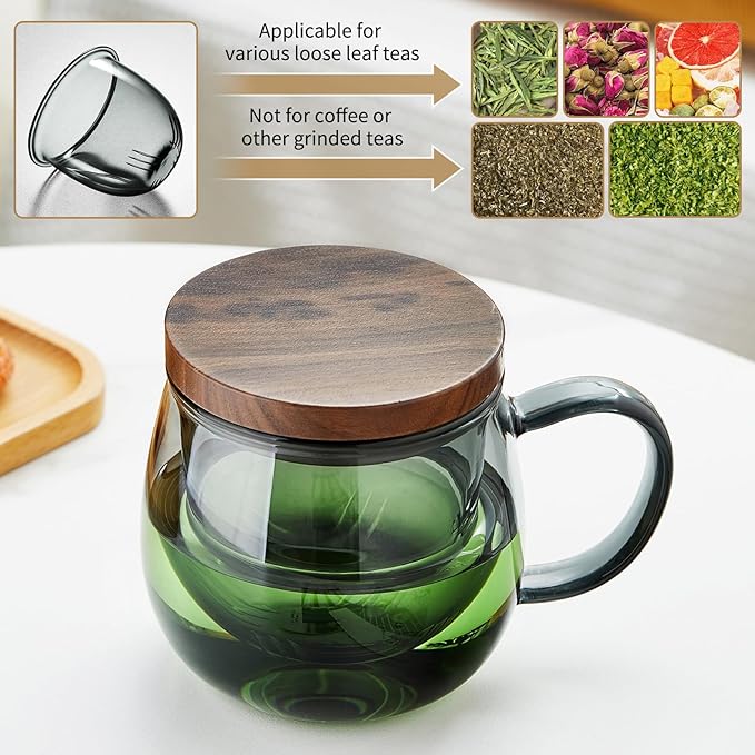 17 OZ Glass Tea Cup with Infuser and Lid, 500 ML Large Borosilicate Teacup, Clear Mug for Loose Leaf Tea, Blooming Tea, Tea Bags - Perfect Christmas or Birthday Gift for Women - Image 4