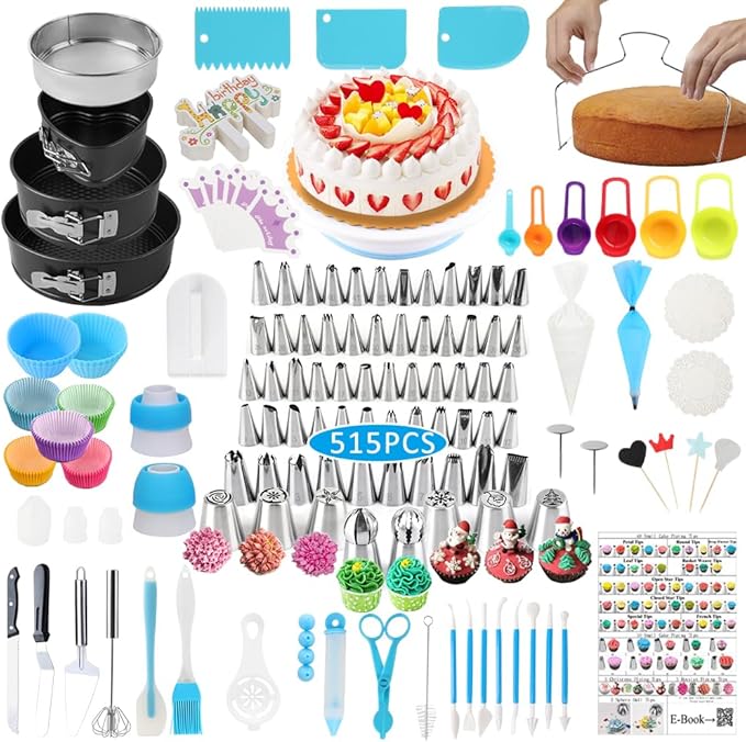 Cake Decorating Kit Cake Decorating Supplies, 515 PCS Baking Supplies Set with 3 Springform Pan Sets, 66 Icing Piping Nozzles, Cake Rotating Turntable, Piping Bags, Birthday Gifts for Mom Wife by Unknown