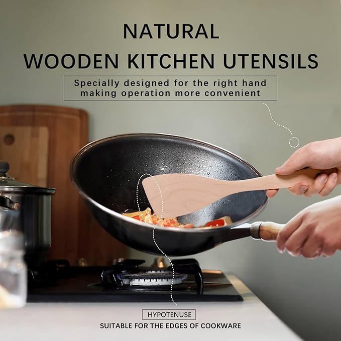 2PCS Wooden Spatulas for Cooking,12.8inch Uncoated Beech Wood Turners for Frying,Non-Scratch Wood Bevel Spurtle for Pan & Wok,Wooden Cooking Utensils for Non Stick Cookware,Long Handle Scraper - Image 4