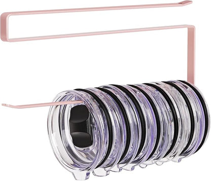 Tumbler Lid Organizer, Horizontal Tumbler Lid Storage Hook Up to 10 Lids, Space Saving Cup Lid Holders Under Cabinet Tumbler Lid Hook for Kitchen Organizer and Storage, Paper Towel Rack Hanger (Pink) by JOLENSOY