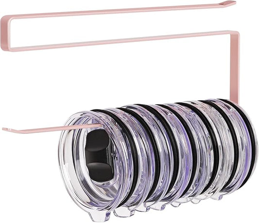 Tumbler Lid Organizer, Horizontal Tumbler Lid Storage Hook Up to 10 Lids, Space Saving Cup Lid Holders Under Cabinet Tumbler Lid Hook for Kitchen Organizer and Storage, Paper Towel Rack Hanger (Pink) by JOLENSOY