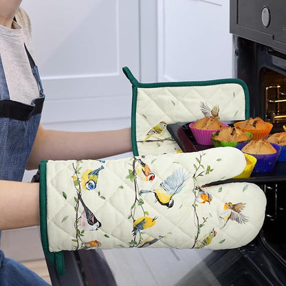 Bird Branch Oven Mitts and Pot Holders Sets 4Pcs, 100% Cotton Heat Resistant, Extra Long Oven Gloves Potholder for Kitchen Cooking Baking Decoration, Housewarming Gifts for Mom - Image 6