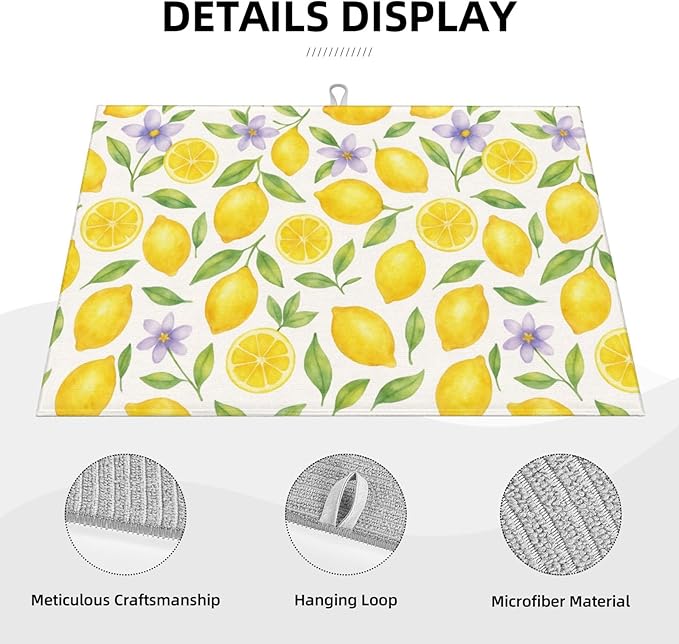Lemon Dish Drying Mats for Kitchen Counter, Large 18"x24" Dish Mats for Drying Dishes, Microfiber Absorbent Dish Drying Pad Rack Mat Kitchen Decor Reusable Washable