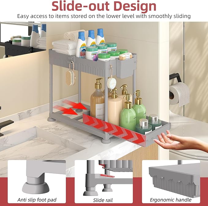 Sevenblue Under Sink Organizer, Bathroom Organizers and Storage, 2 Tier Multi-Use Pull Out Cabinet Organizer with Hang Hooks and Cups (Gray, 4 Pack) - Image 2