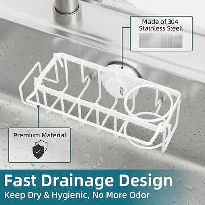 TAILI 4-in-1 Sink Caddy with Strong Suction Cup, Sponge Holder for Kitchen Sink Organizer, Removable, Rustproof, Stainless Steel Holder for Sponge, Brush, Scrubber, Scraper - White - Image 4
