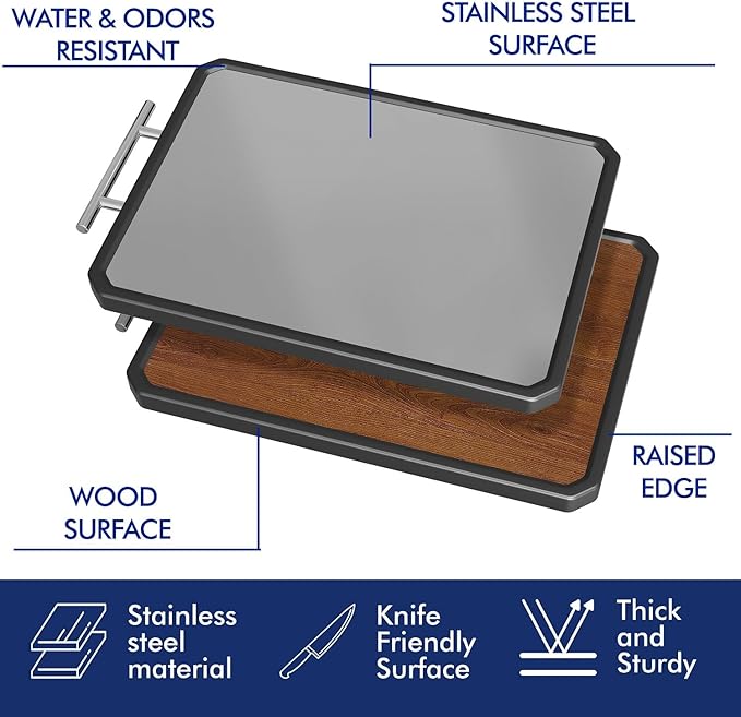 Wood Cutting Board with Handle, Double Sided Cutting Board for Kitchen, 16 * 11 inch 304 Stainless Steel Chopping Board for or Kitchen Meal Prep Serving - Image 2