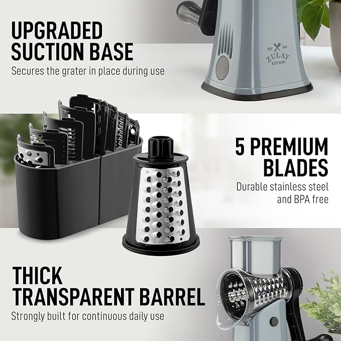 Zulay Kitchen Rotary Cheese Grater 5 Blade Cheese Shredder - Manual Hand Crank Cheese Grater With Reinforced Suction & 5 Interchangeable Drums - Easy to Use, Vegetable Chopper Round Mandoline Slicer - Image 7