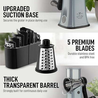 Zulay Kitchen Rotary Cheese Grater 5 Blade Cheese Shredder - Manual Hand Crank Cheese Grater With Reinforced Suction & 5 Interchangeable Drums - Easy to Use, Vegetable Chopper Round Mandoline Slicer - Image 7