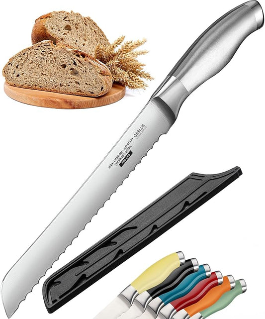 Orblue Serrated Bread Knife with Upgraded Stainless Steel Razor Sharp Wavy Edge - Bread Cutter Ideal for Slicing Homemade Bagels, Cake (8-Inch Blade with 5-Inch Handle)
