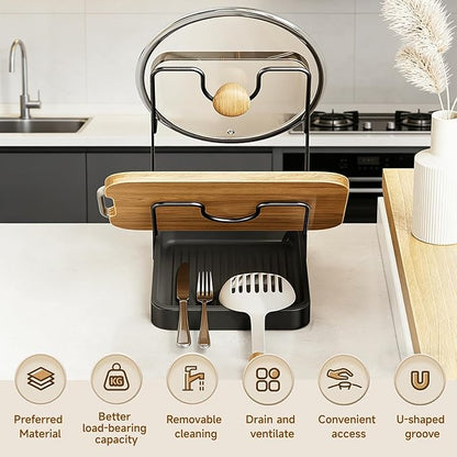 Kitchen Pot Lid Storage Rack, 2-Tier Lids Holder with Detachable Drip Tray While Cooking, Multifunctional Countertop Organizer for Cutting Boards, Ladles and Pan Covers - Image 3