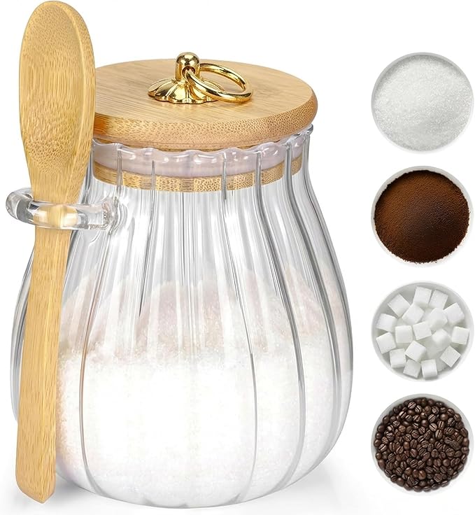 holoith Sugar Container with Bamboo Lid and Spoon,15 oz Sugar Bowl Glass Jar for Coffee Bar Accessories Coffee Canister Kitchen Decor Housewarming Gift Christmas Refillable Design by Holoith