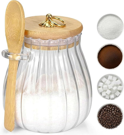 holoith Sugar Container with Bamboo Lid and Spoon,15 oz Sugar Bowl Glass Jar for Coffee Bar Accessories Coffee Canister Kitchen Decor Housewarming Gift Christmas Refillable Design by Holoith