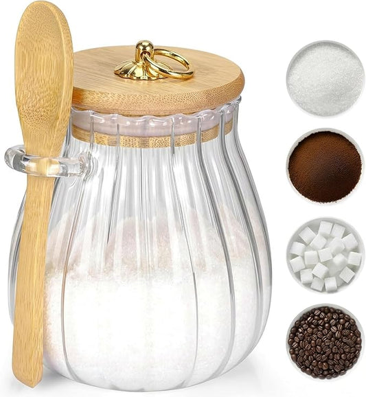 holoith Sugar Container with Bamboo Lid and Spoon,15 oz Sugar Bowl Glass Jar for Coffee Bar Accessories Coffee Canister Kitchen Decor Housewarming Gift Christmas Refillable Design by Holoith
