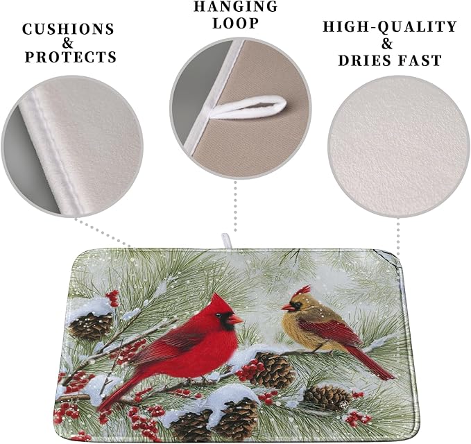 Winter Dish Drying Mat for Kitchen Counter 18x24 Inch Christmas Red Birds Drying Mats Xmas Holiday Microfiber Absorbent Dishes Drainer Mats Cardinal Dish Rack Pad - Image 3