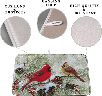 Winter Dish Drying Mat for Kitchen Counter 18x24 Inch Christmas Red Birds Drying Mats Xmas Holiday Microfiber Absorbent Dishes Drainer Mats Cardinal Dish Rack Pad - Image 3