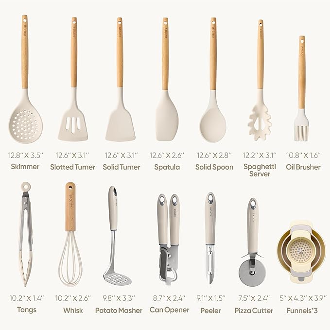 CAROTE Silicone Cooking Utensils Set, Kitchen Utensils Set 16 Pcs for Cooking,BPA Free Spatula Set,446 ℉ Heat Resistant Wood Handles for Nonstick Cookware (Cream White) - Image 2