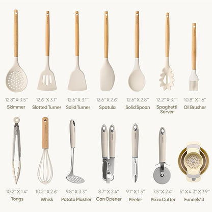 CAROTE Silicone Cooking Utensils Set, Kitchen Utensils Set 16 Pcs for Cooking,BPA Free Spatula Set,446 ℉ Heat Resistant Wood Handles for Nonstick Cookware (Cream White) - Image 2