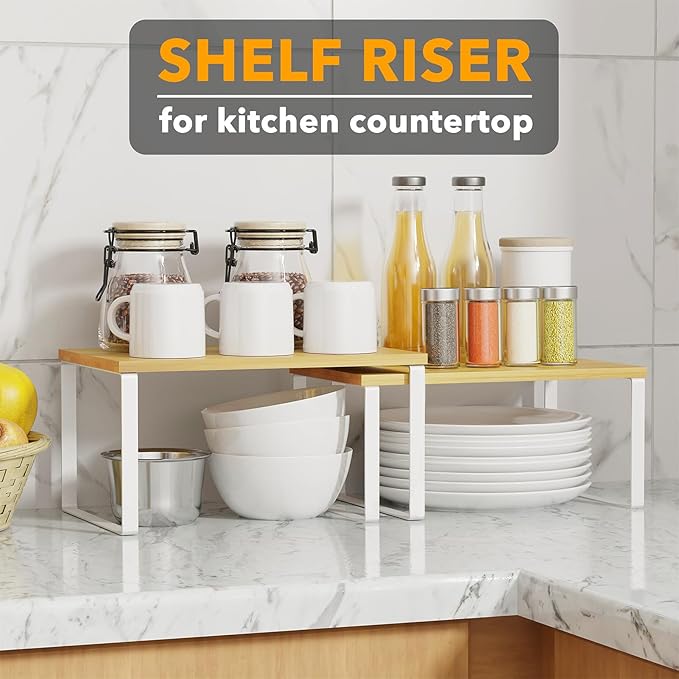 SpaceAid Cabinet Shelf Organizers 2 Pack, Kitchen Counter Rack Shelves Riser, Stackable Expandable Spice Rack, Pantry Cupboard Storage Organization (White and Natural, Short) - Image 4