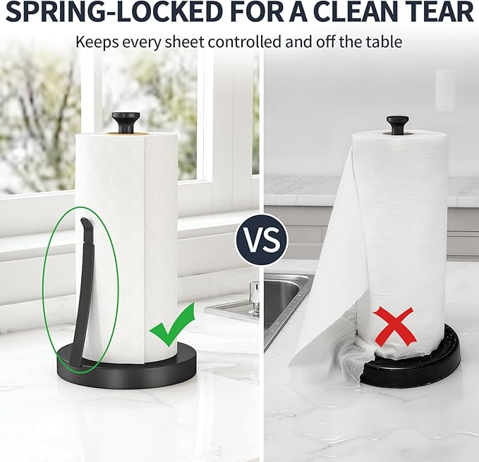 Jesginboo Countertop Paper Towel Holder for Kitchen, Stainless Steel Tension Arm for One-Handed Tear, Stainless Steel Paper Towel Holder Stand for Kitchen Bathroom, Black