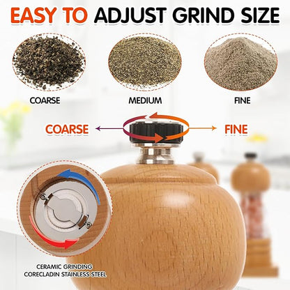 Salt and Pepper Grinder Set,2 PCS 5 Inch Wooden Manual Salt Pepper Mill Grinders for Kitchen,Refillable and Adjustable Grinder for Pepper Salt Spices