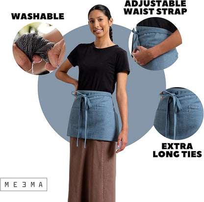MEEMA Chef Waist Apron Cotton Fabric |Washable & Breathable Waitress & Server Half Aprons for Women with Pockets & Long Waist Straps | Cooking, Baking, Grilling & Crafting