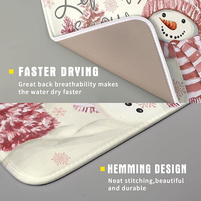 Giwawa Pink Snowman Dish Drying Mat Xmas Trees Bird Winter Snowy Scene Dish Drainer Mats 16"x18" Microfiber Reversible Dish Drying Rack Pad Protector for Kitchen Countertop Decor