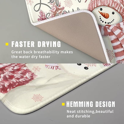 Giwawa Pink Snowman Dish Drying Mat Xmas Trees Bird Winter Snowy Scene Dish Drainer Mats 16"x18" Microfiber Reversible Dish Drying Rack Pad Protector for Kitchen Countertop Decor