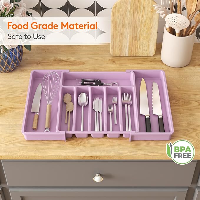 Lifewit Silverware Drawer Organizer, Expandable Utensil Tray for Kitchen, BPA Free Flatware and Cutlery Holder, Adjustable Plastic Storage for Spoons Forks Knives, 13-22 x 15", Purple - Image 7