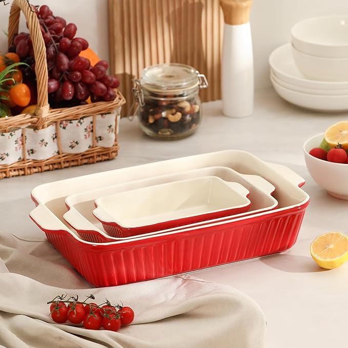 DOWAN Casserole Dishes for Oven, Set of 3 Rectangular Ceramic Baking Dishes, 135 oz Capacity, Red (15.6''/12.2''/8.9'') - Image 6