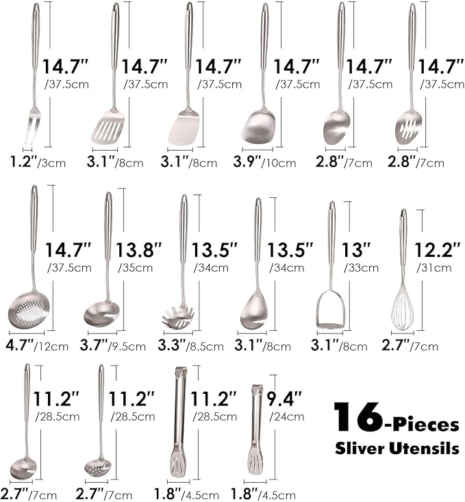 18/10 Stainless Steel Cooking Utensils Set - 16 PCS All Metal Serving Utensils, Kitchen Tools - Whisk, Masher, Fork, Tongs, Solid/Slotted Spoon, Spatula, Turner, Ladle, Skimmer, Pasta, Large Spoon Set - Image 2