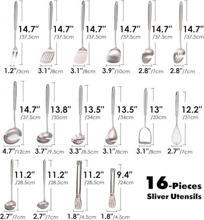18/10 Stainless Steel Cooking Utensils Set - 16 PCS All Metal Serving Utensils, Kitchen Tools - Whisk, Masher, Fork, Tongs, Solid/Slotted Spoon, Spatula, Turner, Ladle, Skimmer, Pasta, Large Spoon Set - Image 2