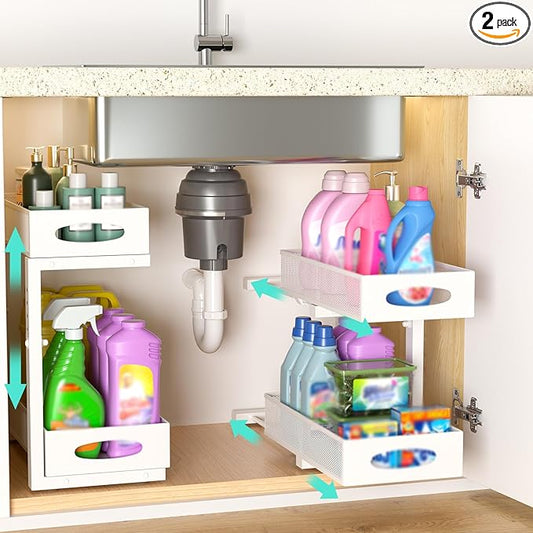 Under Sink Organizer, 2 Pack 2 Tier Metal Slide Out Pull Out Cabinet Organizer Shelf, Height Adjustable Organization and Storage Series, Bathroom/Desktop/Cabinet/Kitchen organization, White