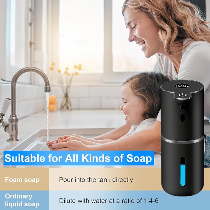 OHIFAST Automatic Foaming Soap Dispenser Touchless, USB Rechargeable Smart Hand Soap Dispenser, 6-Level Adjustable, 12.8oz/380mL, Compatible with Thick Thin Dish Soap for Bathroom Kitchen-Black - Image 6