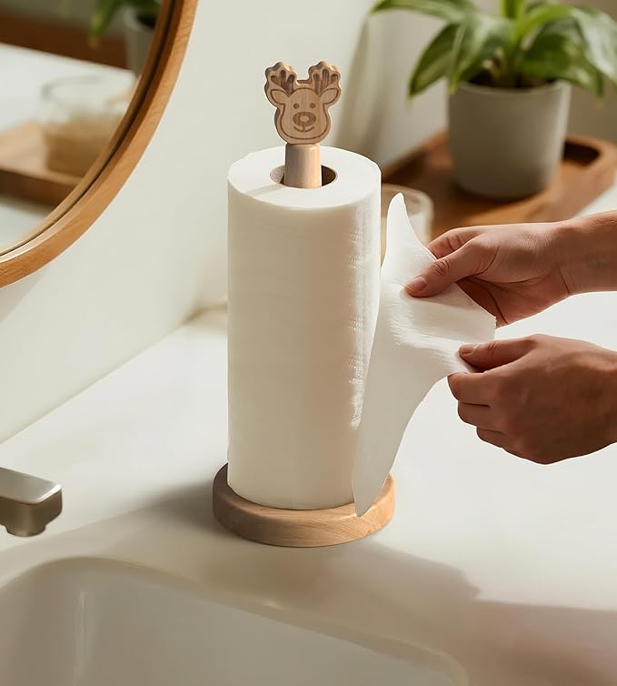KitchLife Cute Wooden Paper Towel Holder Countertop - Solid Freestanding Paper Towel Dispenser Stand Organizer with Anti-Skid Base (Christmas Reindeer Style) - Image 6