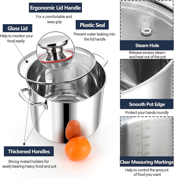 P&P CHEF 12 Quart Stainless Steel Stock Pot with Lid, Large Stockpot for Cooking Pasta Soup, Cookware for Induction Gas Electric Stoves, Visible Lid & Measuring Markings, Dishwasher Safe - Image 3