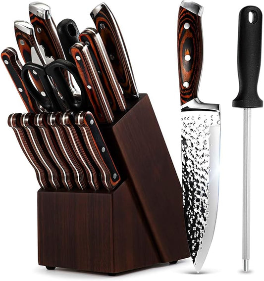 Kitchen Knife Sets with Block, 15-Piece High Carbon Stainless Steel Knife Block Set with Sharpener, Ultra-Sharp kitchen knives with Triple Rivet Wood Handle Perfect for Cooking Cut
