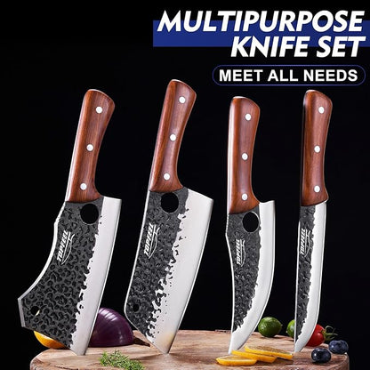 Topfeel 4PCS Meat Cleaver Set -Heavy Duty Bone Chopper & Meat Cleaver & Viking Knife & Slicing Knife, Chef Knives Set for Home Kitchen,Camping, BBQ Knives Gift for Men - Image 4