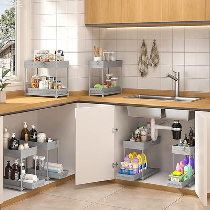 Sevenblue Under Sink Organizer, Bathroom Organizers and Storage, 2 Tier Multi-Use Pull Out Cabinet Organizer with Hang Hooks and Cups (Gray, 4 Pack) - Image 4
