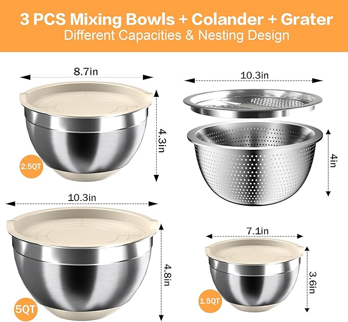 Nicdiet Mixing Bowls with Airtight Lids, Stainless Steel Mixing Bowl Set with 3 Metal Nesting Bowls, Colander & Grater, Non-Slip Bottoms, Size 1.5, 2.5, 5 QT, Great for Mixing & Serving, Khaki - Image 7