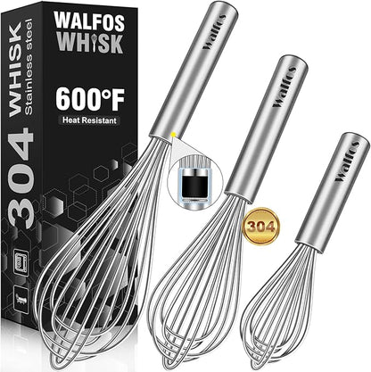 Walfos Whisk,304 Stainless Steel whisk,No-Rust 7+9+11inch Whisks for cooking Nice for Blending,Whisking,Beating.Heat resistant 600°F Dishwasher Safe. Heavy duty kitchen whisk.17.7+22.8+27.9cm -SILVER by Walfos