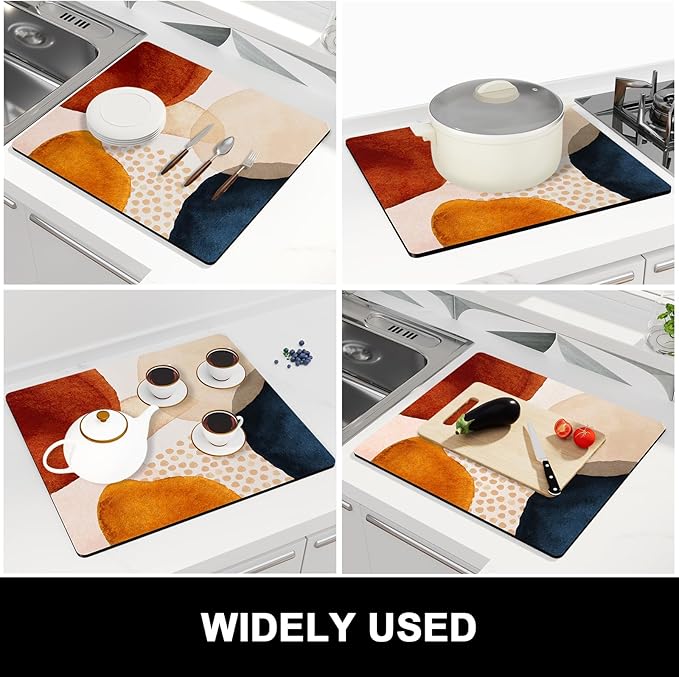 Rnivvi Dish Drying Mat for Kitchen Counter, 16 x 18" Cute Boho Theme Absorbent Heat Resistant Drying Pad with Non-slip Rubber, Coffee Bar Mats for Coffee Machine Dish Rack, Abstract Stones Art - Image 7