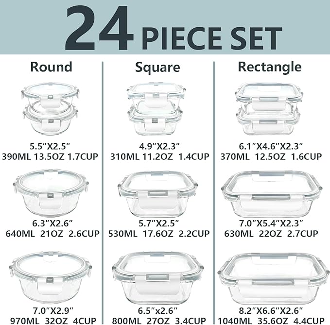 12 Pack Glass Lunch Meal Prep Containers with Lids Airtight Leakproof, Stackable for Microwave, Oven, Freezer and Dishwasher Safe (White) - Image 2