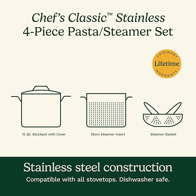 Cuisinart 4-Piece Cookware Set, 12 Quarts, Chef's Classic Stainless Steel Pasta/Steamer, 77-412P1 - Image 6